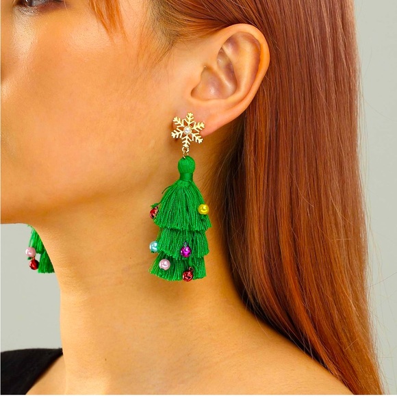 Unbranded Christmas Tree Tassel Beaded Earrings gold green blue red faux pearl - Picture 1 of 13